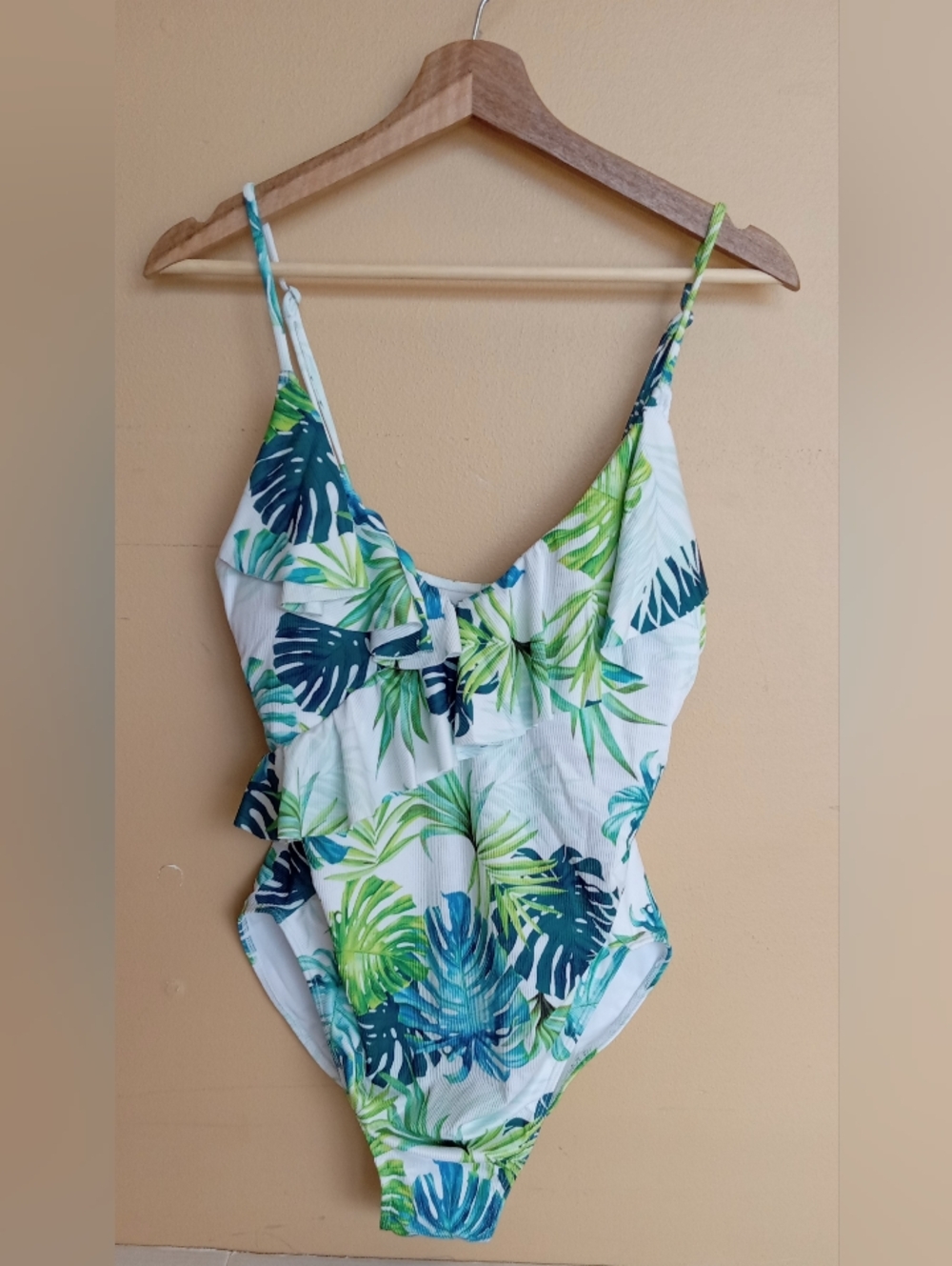 Tropical Leaf Ruffle One-Piece Swimsuit - White with Green & Blue